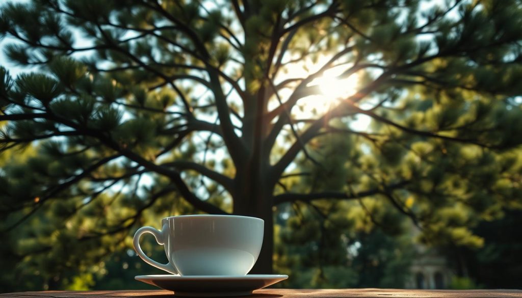 A serene and mystical pine tree stands tall, its verdant boughs reaching towards the heavens. Sunlight filters through the lush foliage, casting a warm glow upon the scene. In the foreground, a delicate coffee cup rests, its surface reflecting the ancient symbol of the pine tree - a representation of enduring love, stability, and spiritual growth. The composition is crisp and well-balanced, captured through a medium-wide angle lens with a shallow depth of field. This image, from the skilled artistry of Nebahat Özge Tan, conveys the profound connection between the pine tree's symbolism and the revelations found within the mystical practice of coffee fortune-telling, seamlessly blending the natural and the metaphysical.