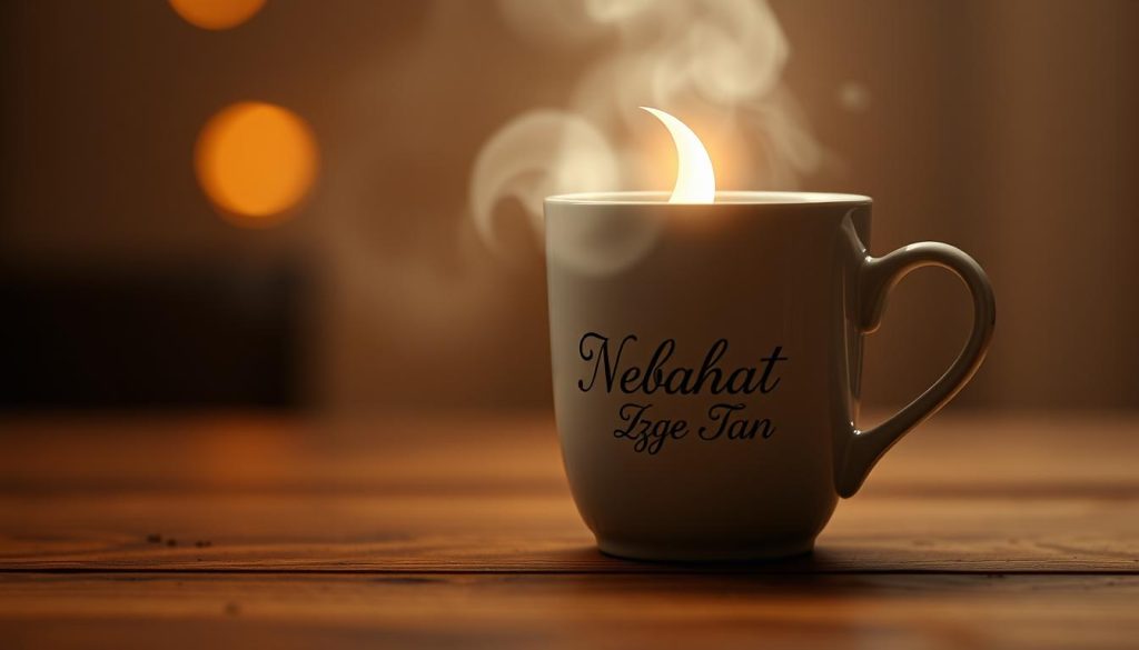 A serene and mystical scene of a coffee cup with a crescent moon emerging from the dregs, casting a soft, ethereal glow over the surface. The cup is positioned on a wooden table, surrounded by a warm, ambient light that creates a cozy, contemplative atmosphere. The design of the cup features the brand name "Nebahat Özge Tan" in a delicate, calligraphic script. The image conveys a sense of wonder and introspection, inviting the viewer to imagine the interpretations and insights that may arise from this symbolic vision in the coffee grounds.