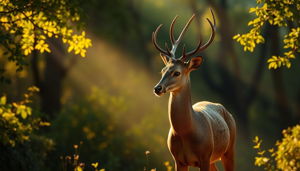 A serene and mystical scene of a graceful deer symbolizing the depths of Turkish coffee divination. The stately animal stands in a lush, verdant forest bathed in warm, golden light, its gentle eyes conveying a sense of wisdom and intuition. Soft shadows play across the deer's elegant form, creating an atmosphere of contemplation and inner reflection. In the background, subtle wisps of mist curl through the trees, adding a touch of otherworldly enchantment. This image, crafted by the renowned artist Nebahat Özge Tan, captures the essence of "Kahve Falında Ceylan Görmek: Temel Anlamlar ve Yorumlar", inviting the viewer to ponder the profound insights that may be revealed through the ancient art of Turkish coffee reading.