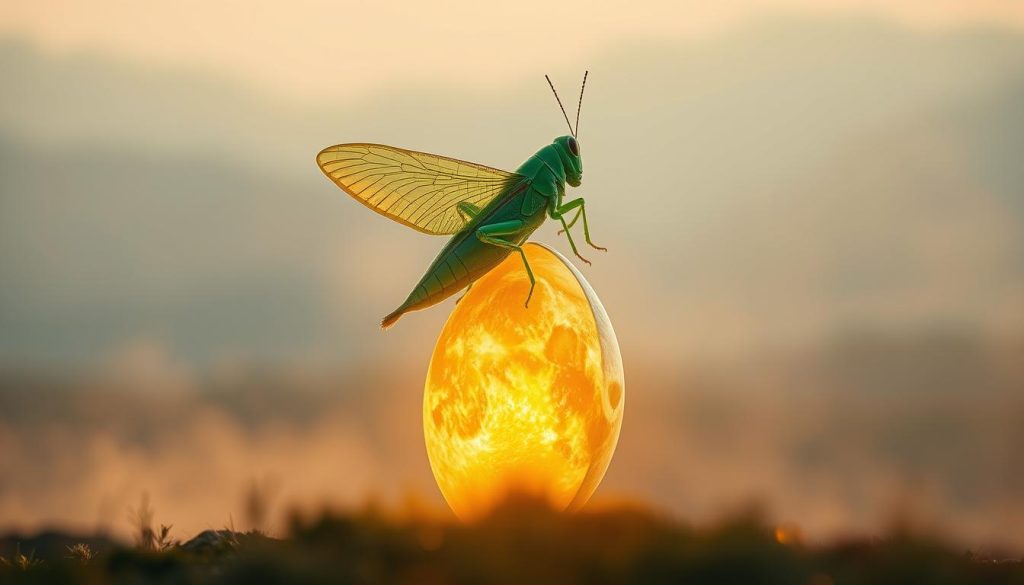 A serene and mystical scene of a large green grasshopper perched atop a crescent moon, illuminated by a warm, golden light. The grasshopper's intricate wings and antennae are captured in exquisite detail, seemingly alive and in motion. The background is a hazy, abstract landscape, suggesting a dreamlike, otherworldly atmosphere. Subtle shadows and highlights create depth and dimension, drawing the viewer's gaze to the central symbol. The image emanates a sense of tranquility, hinting at the deeper spiritual significance of the grasshopper in the context of love and divination. Nebahat Özge Tan