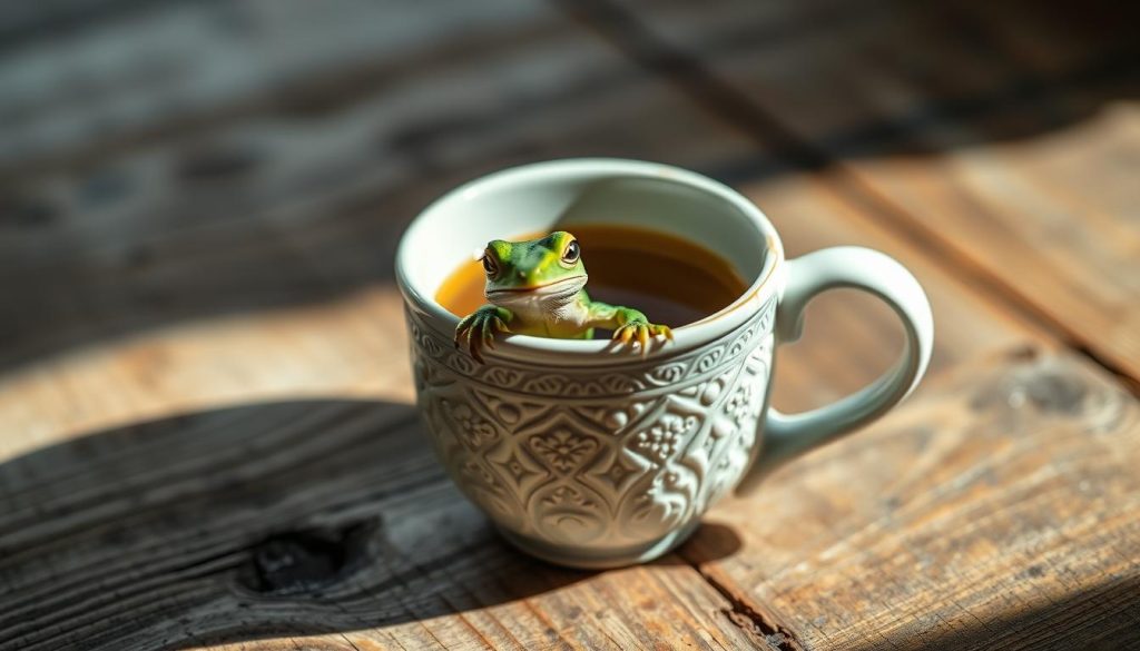 A serene and mystical scene of a small green lizard emerging from the intricate patterns of a delicately detailed coffee cup. The cup sits atop a rustic wooden surface, illuminated by soft, natural lighting that casts gentle shadows and highlights the textures of the ceramic. The lizard's eyes seem to peer knowingly, as if revealing a hidden message or insight. The overall atmosphere evokes a sense of contemplation and the unexplained, inviting the viewer to ponder the significance of this unexpected encounter. Nebahat Özge Tan