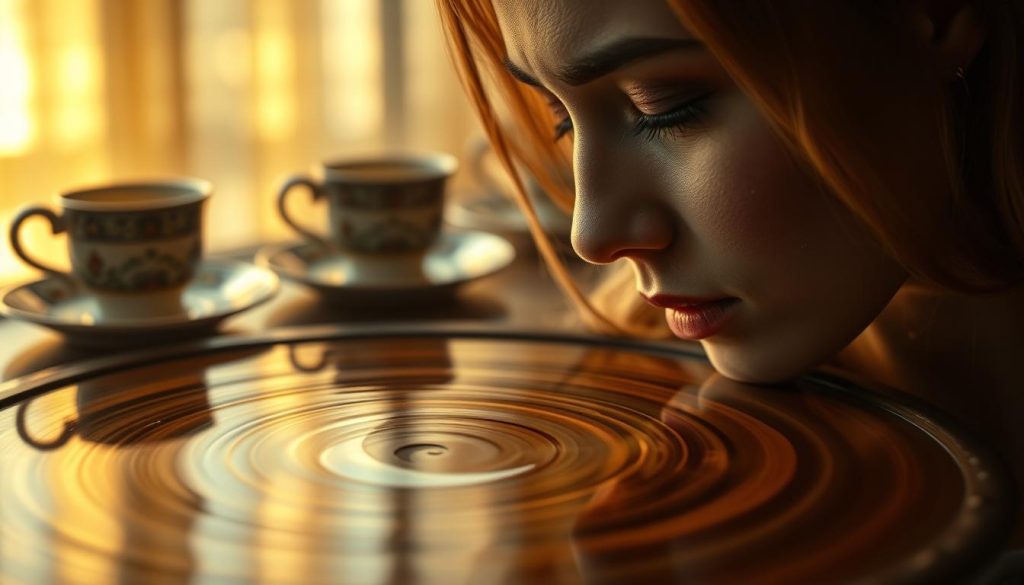A serene and mystical scene of a woman's face peering into a swirling, iridescent pool of coffee, with the crescent moon reflected in its surface. The woman's eyes are closed, her expression one of deep contemplation as she seeks to divine the secrets of the future. Warm, golden lighting bathes the scene, creating a sense of timeless tranquility. In the background, hazy silhouettes of ornate Turkish coffee cups and saucers suggest a cozy, traditional setting. Nebahat Özge Tan's name is subtly etched into the ceramic surface, indicating the artist's unique interpretation of this ancient divinatory practice.