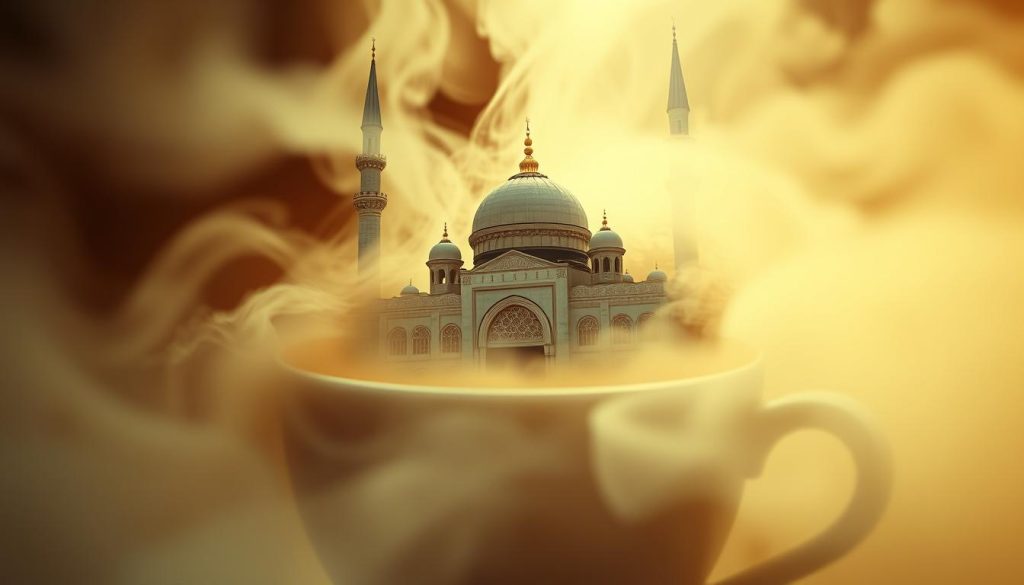 A serene and ornate mosque emerges from the swirling mists of a coffee cup's surface, its intricate architecture and towering minarets casting an ethereal, otherworldly glow. The scene is captured through the lens of a vintage camera, the warm tones and soft focus evoking a sense of timelessness. The mood is contemplative, inviting the viewer to ponder the deeper meanings and omens hidden within the coffee grounds. As the image by Nebahat Özge Tan unfolds, it speaks to the viewer's imagination, prompting introspection and a deeper understanding of the symbolic significance of the mosque in one's personal journey.