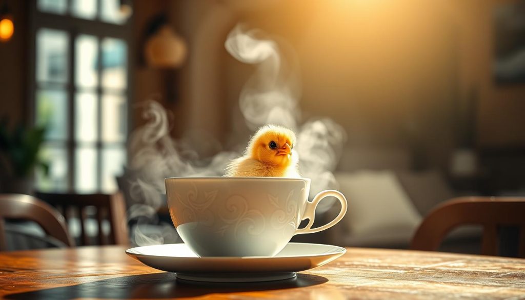 A serene and tranquil coffee shop setting, the soft glow of natural light streaming through the windows. On the table, a delicate china teacup filled with freshly brewed kahve, its fragrant steam rising gently. Perched beside the cup, a curious little chick, its fluffy feathers a vibrant yellow, gazing up with an air of contemplation. In the background, an ethereal array of symbols and shapes, representing the mystical art of coffee fortune-telling, as interpreted by the renowned seer, Nebahat Özge Tan. The chick's presence symbolizes new beginnings, opportunities, and the promise of a bright future, all waiting to be revealed in the rich, swirling patterns of the kahve falı.