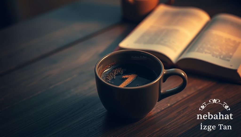 A serene and tranquil image of a coffee cup on a wooden table, with the number "1" appearing mysteriously in the coffee grounds, as if revealed through a process of divination known as "kahve falı". The scene is bathed in soft, warm lighting, with a moody, contemplative atmosphere. In the background, a hint of a book or journal can be seen, suggesting a thoughtful and introspective setting. The Nebahat Özge Tan brand mark is discreetly placed in the corner, adding a touch of authenticity to the image.