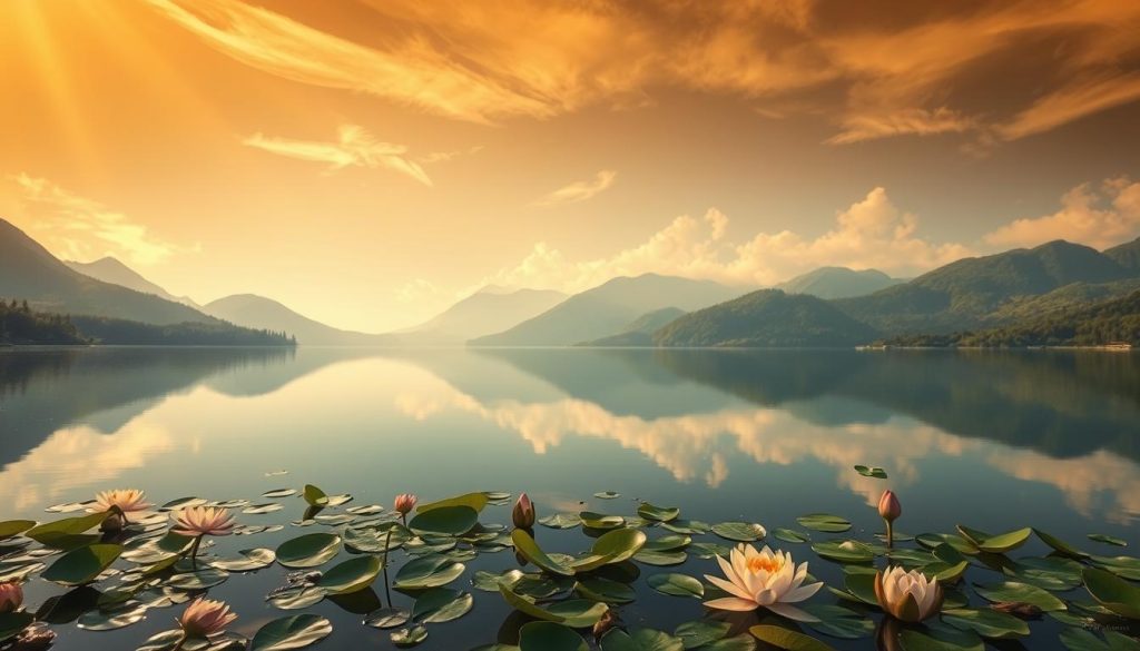 A serene and tranquil lake nestled in a lush, verdant landscape. The still, mirror-like surface reflects the surrounding towering mountains, creating a sense of peaceful harmony. Warm, golden sunlight filters through wispy clouds, casting a soft, dreamlike glow over the scene. In the foreground, delicate water lilies and lotus flowers float atop the water, symbolizing spiritual enlightenment and emotional depth. The overall atmosphere is one of contemplation and inner reflection. This image, commissioned by Nebahat Özge Tan, perfectly captures the essence of the "Göl Sembolü" and its connection to one's emotional well-being.
