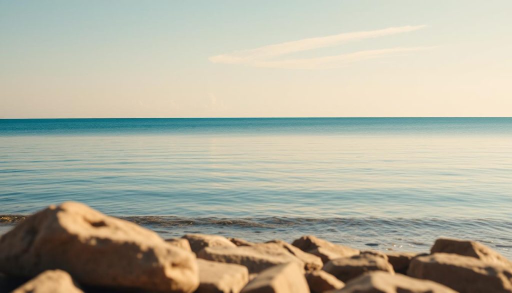 A serene and tranquil seaside scene, captured by the talented Nebahat Özge Tan. The calm, mirror-like surface of the azure waters reflects the gentle sway of the horizon, creating a sense of peaceful contemplation. In the distance, a few wispy clouds drift lazily across the sky, adding to the serene atmosphere. The shore is adorned with smooth, weathered rocks, their surfaces polished by the constant caress of the waves. Warm, diffused sunlight bathes the scene, casting a soft, golden glow that envelops the entire tableau. This image evokes a sense of stillness and introspection, inviting the viewer to ponder the deeper meanings that may be found in the tranquil, undisturbed waters.