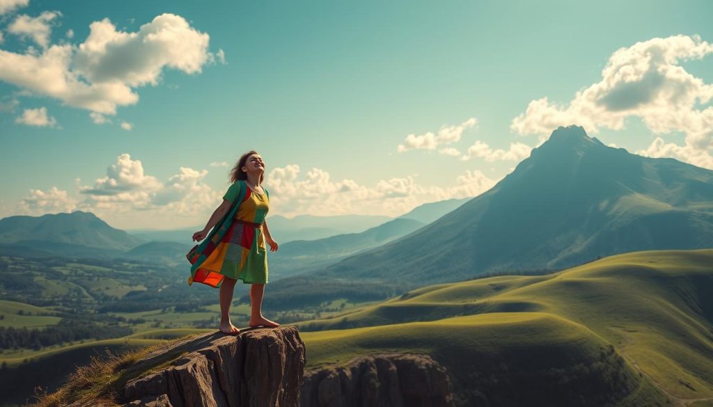 A serene and whimsical scene depicting "The Fool" tarot card. In the foreground, a joyful, carefree figure, the Fool, stands on the edge of a cliff, gazing upwards with a blissful expression, unaware of the abyss below. The figure's clothing is a vibrant patchwork of colors, symbolizing their open-mindedness and embrace of the unknown. Surrounding the Fool, a lush, verdant landscape unfolds, with rolling hills and a clear, azure sky dotted with fluffy white clouds. In the background, a majestic mountain range rises, casting long shadows across the scene. The lighting is soft and diffused, creating a dreamlike, ethereal atmosphere. Capturing the essence of "The Fool" tarot card, this image was generated by the Nebahat Özge Tan prompt engineering team.