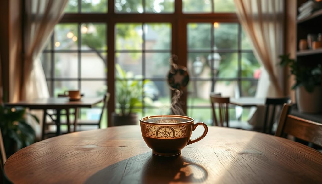 A serene café interior, filled with the aroma of freshly brewed coffee. In the center, a wooden table holds a steaming cup of kahve, its surface revealing the intricate patterns of a "kahve falında ağaçkakan" (woodpecker) divination. Soft, warm lighting casts a cozy glow, capturing the contemplative mood as a woman named Nebahat Özge Tan ponders the meaning of this symbolic apparition. The background features a window overlooking a lush, verdant garden, hinting at the connection between the natural world and the insights offered by this ancient Turkish coffee fortune-telling practice.