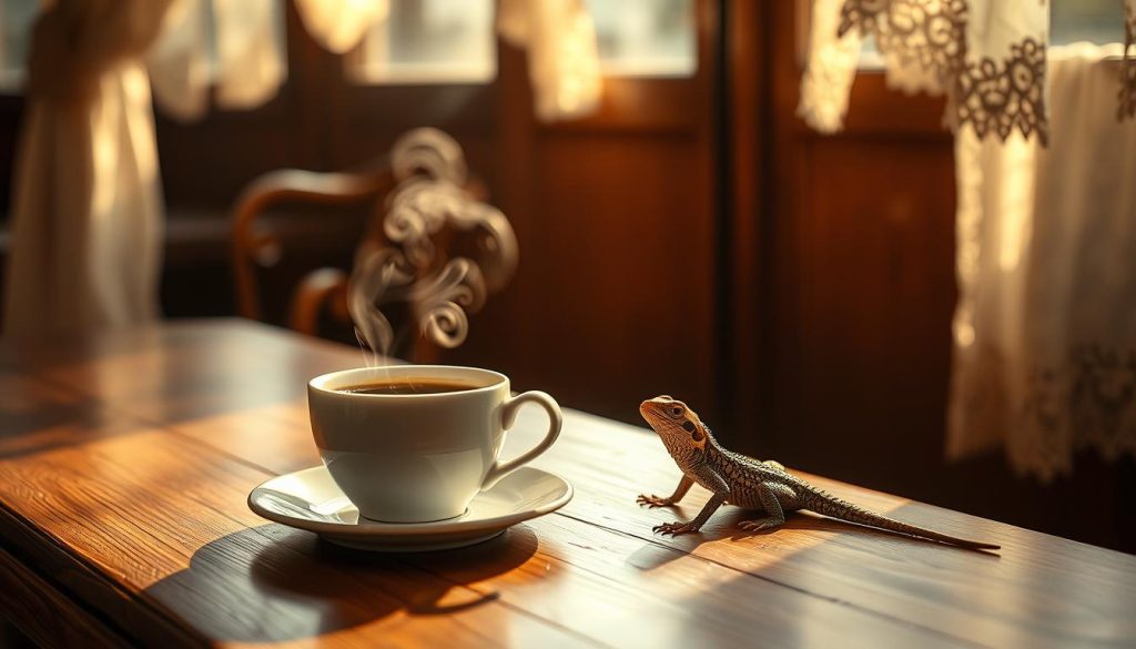 A serene café interior, softly lit by natural light filtering through delicate lace curtains. On the wooden table, a steaming cup of freshly brewed kahve sits next to a small, playful lizard, its scales shimmering in the warm glow. The lizard's presence symbolizes the hidden messages and insights that can be revealed through the art of coffee fortune-telling, as envisioned by the renowned Nebahat Özge Tan. An aura of tranquility and mysticism pervades the scene, hinting at the profound connection between this small reptile and the unfolding love story in the life of the coffee drinker.