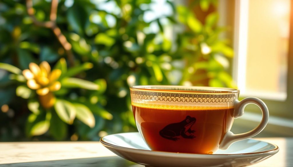 A serene cafe setting, with a delicate china cup of freshly brewed coffee set against a background of lush, verdant foliage. Sunlight streams through a nearby window, casting a warm, inviting glow. In the depths of the coffee, the faint outline of a curious frog emerges, its presence a harbinger of fortuitous events to come. The scene is imbued with a sense of wonder and mysticism, as if hinting at the hidden symbolism and divination inherent in the ancient practice of coffee grounds reading. Nebahat Özge Tan, a skilled practitioner, is poised to interpret the subtle signs and portents of this unusual encounter.