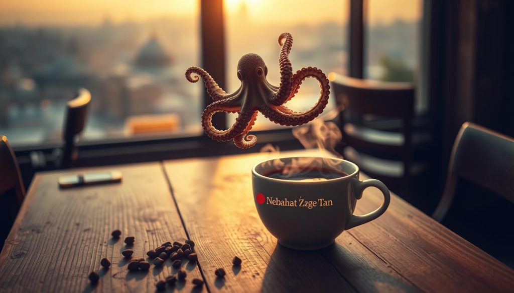 A serene café setting, with a steaming cup of kahve resting on a worn wooden table. Suspended above it, an ethereal octopus figure emerges from the swirling coffee grounds, its tentacles unfurling in a mesmerizing dance. The lighting is warm and soft, casting a dreamlike glow on the scene. In the background, a faint vista of Istanbul's skyline can be seen through the café's window, hinting at the financial world beyond. The overall atmosphere conveys a sense of contemplation and intuition, as if the octopus figure is revealing insights into the viewer's own financial destiny. The brand "Nebahat Özge Tan" is subtly incorporated into the scene, adding an air of expertise and authority to the interpretation.