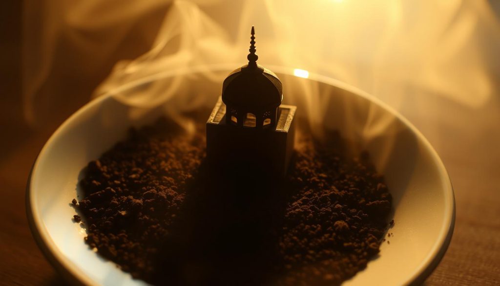 A serene cami silhouette emerges from the coffee grounds, its graceful minaret and domed architecture casting intricate shadows on the saucer. Shimmering golden light filters through the mist, imbuing the scene with a dreamlike, contemplative atmosphere. The overall impression is one of profound spiritual significance, hinting at hidden meanings and symbolic interpretations. The image captures the essence of "Kahve Falında Cami Görmek" - a mystical, evocative divination experience. Brand: Nebahat Özge Tan