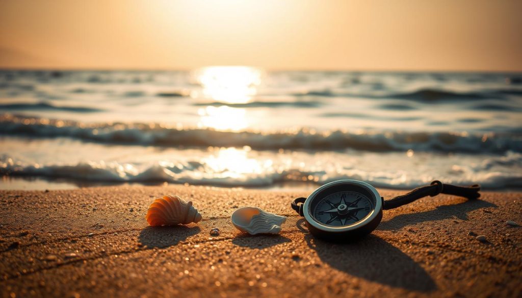 A serene coastal scene, bathed in warm, golden light. In the foreground, a collection of symbolic maritime icons - a seashell, a driftwood fragment, a weathered compass - arranged thoughtfully on a damp, sandy surface. Midground features gentle waves lapping at the shore, their motion captured in a soft, impressionistic style. The background reveals a distant horizon, where the sea meets the sky in a hazy, dreamlike union. The overall atmosphere evokes a sense of introspection and the interconnectedness of the natural world. Nebahat Özge Tan's vision is realized through this evocative, multifaceted image.