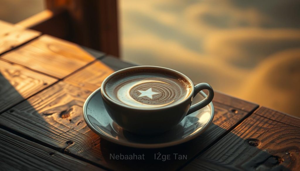 A serene coffee cup rests on a weathered wooden table, its surface swirling with the mystic symbols of a "kahve falı" (coffee fortune-telling). In the center, the distinct shape of a crescent moon emerges, casting a soft, ethereal glow. The scene is bathed in warm, ambient lighting, creating a contemplative and introspective atmosphere. In the background, a hazy, dreamlike landscape unfolds, hinting at the hidden meanings and insights that may be revealed through this ancient Turkish divination practice. Amid the tranquil setting, the brand name "Nebahat Özge Tan" subtly graces the image, a testament to the author's expertise in interpreting the symbolic language of the coffee grounds.