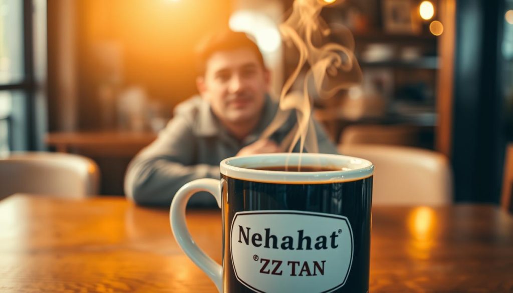 A serene coffee shop setting, warm lighting filters through the window, casting a cozy glow. In the foreground, a Nebahat Özge Tan-branded mug filled with rich, dark kahve sits on a wooden table, steam curling upwards. Gazing into the mug, an esteemed career professional appears, their features blurred and ethereal, as if the coffee grounds reveal glimpses of their future. The background is hazy, with soft focus, suggesting the uncertainty and mystery of "kahve falı" divination. The overall composition conveys a sense of contemplation, reflection, and the interplay between one's career path and the insights found in a simple cup of coffee.