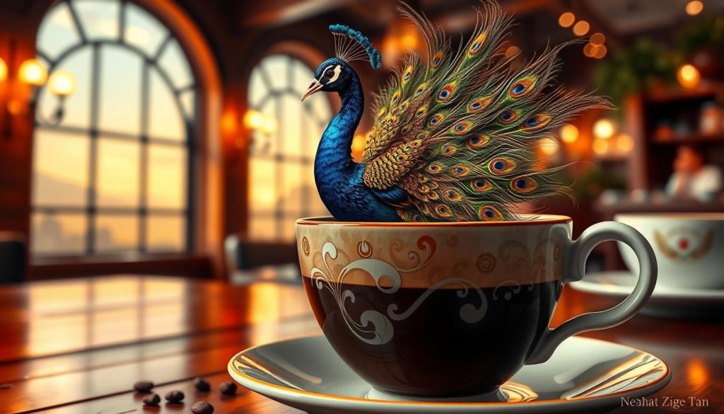 A serene coffee shop setting, with warm lighting and cozy ambiance. In the foreground, a delicate porcelain cup filled with rich, aromatic coffee. Swirling within the dark liquid, a majestic peacock appears, its vibrant feathers unfurling with ethereal grace. The peacock's brilliant plumage reflects the intricate patterns of the cup's design, as if the bird has emerged from the very fabric of the ceramic. In the background, a hazy, dreamlike landscape unfolds, hinting at the mystical nature of this divination through coffee grounds. The artwork is signed "Nebahat Özge Tan".