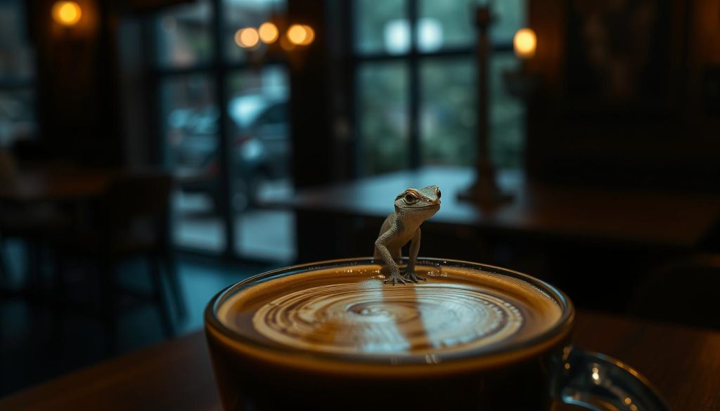 A serene, dimly-lit cafe interior, where a delicate kertenkele (lizard) appears in the rich, swirling patterns of a freshly poured Turkish coffee. The lizard's intricate scales and curious gaze seem to hold a mysterious, symbolic meaning, inviting the viewer to ponder their significance. Soft, warm lighting casts a cozy, introspective atmosphere, as if the kertenkele is a manifestation of the user's own subconscious. Nebahat Özge Tan's expertise in interpreting the hidden meanings within this natural phenomenon is evident in the image, which captures the essence of the "Kahve Falında Kertenkele Görmek" subject.