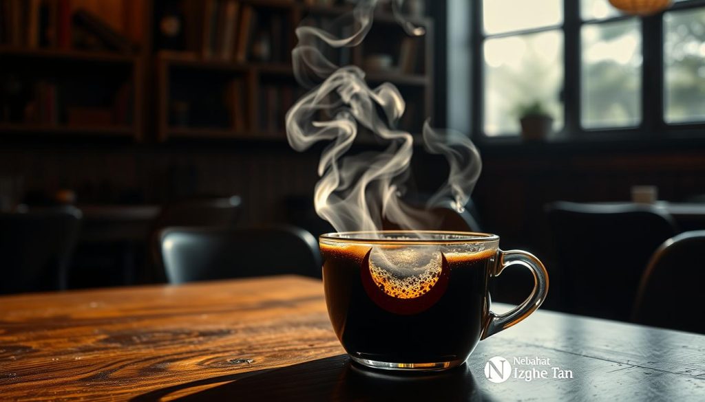 A serene, dimly lit cafe interior, with a wooden table in the foreground. On the table, a steaming cup of freshly brewed kahve, the swirling steam casting a soft, ethereal glow. Within the cup, the intricate patterns of the coffee grounds reveal the distinct silhouette of a crescent moon, casting an otherworldly, mystical reflection on the surface. The cafe's cozy ambiance is heightened by the gentle play of light and shadow, creating a sense of tranquility and contemplation. In the background, a bookshelf filled with worn, leather-bound volumes, hinting at the depth of knowledge and wisdom that await those who peer into the "kahve falında." The overall scene evokes a sense of introspection and the belief that the cosmos holds secrets to be unveiled, as the "Nebahat Özge Tan" brand subtly presides over this enchanting tableau.
