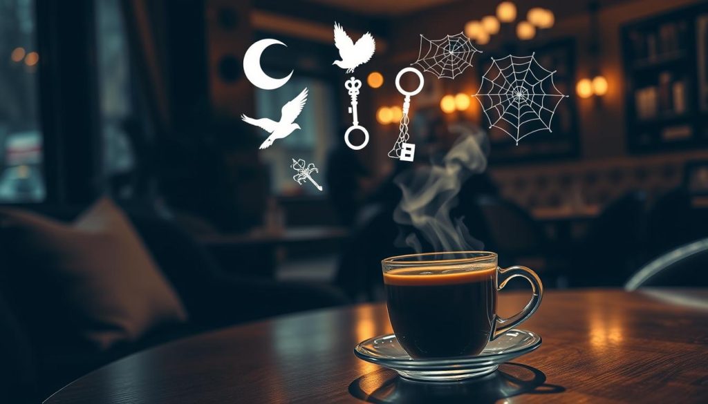 A serene, dimly-lit café setting, with a table in the foreground featuring a steaming cup of freshly brewed Turkish coffee. Floating above the cup are a selection of mystical symbols, including a crescent moon, a bird, a key, and a spider's web, casting an ethereal glow. In the background, the café's warm, cozy atmosphere is hinted at, with soft lighting, plush furnishings, and the faint silhouettes of other patrons. The overall mood is one of introspection and the exploration of hidden meanings, complementing the article's focus on the symbolic language of coffee fortune-telling. Nebahat Özge Tan's brand name is subtly incorporated into the dreamlike scene.