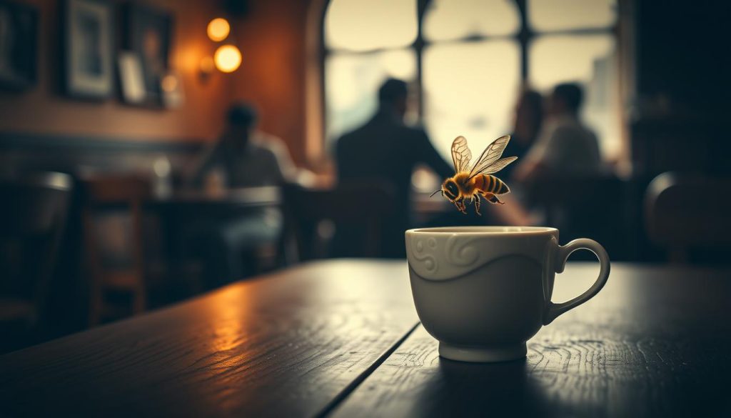 A serene, dimly lit coffee shop interior, with a vintage wooden table in the foreground. On the table, a delicate porcelain coffee cup sits, its surface rippling with a swirling pattern. Emerging from the cup, a single, golden-winged honeybee hovers, its intricate form captured in sharp detail. The lighting is soft and warm, casting a cozy, introspective atmosphere. In the background, vague silhouettes of patrons can be seen, their faces obscured, suggesting a contemplative mood. The overall scene evokes a sense of thoughtful introspection, as if the appearance of the bee in the coffee cup holds a symbolic meaning. Nebahat Özge Tan