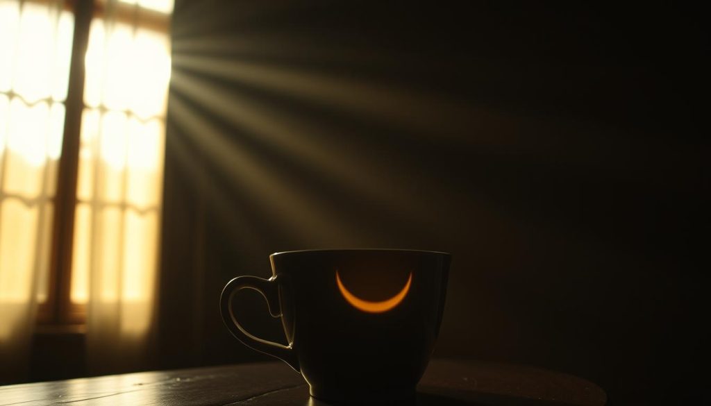 A serene, dimly lit interior with a delicate, crescent-shaped shadow cast in the center of a ceramic coffee cup. Sunlight filters through a window, casting a warm, golden glow and creating a tranquil atmosphere. The silhouette of the crescent moon reflects the mystical nature of "kahve falında hilal silüeti," a common sight in traditional Turkish coffee readings. The image is captured with a soft, vintage-inspired lens, evoking a sense of timelessness and the rich cultural heritage of this practice. Nebahat Özge Tan