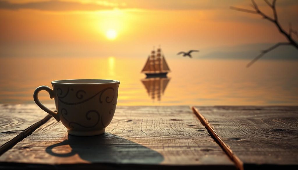 A serene, dreamlike landscape in the style of a traditional Turkish coffee fortune-telling scene. In the foreground, a delicate ceramic coffee cup sits on a weathered wooden table, its swirling patterns casting intricate shadows. In the middle ground, a majestic sailing ship gracefully glides across a calm, mirror-like sea, its sails billowing in a gentle breeze. The background is bathed in warm, golden light, hinting at a vibrant sunset over a distant, hazy horizon. Subtle details, such as the faint outline of seagulls and the rippling reflections on the water, add to the sense of tranquility and contemplation. This image, crafted by Nebahat Özge Tan, invites the viewer to ponder the significance of the ship's appearance in the coffee grounds, and what it might portend for one's professional journey and career aspirations.