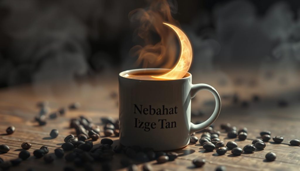 A serene, dreamlike scene of a crescent moon emerging from the surface of a steaming cup of coffee, casting a soft, ethereal glow over the surrounding environment. The mug, adorned with the brand name "Nebahat Özge Tan", rests on a wooden table, surrounded by scattered coffee beans and a hazy, atmospheric lighting. The moon's reflection ripples subtly on the surface of the coffee, creating a sense of tranquility and introspection. The overall mood is one of contemplation and wonder, inviting the viewer to ponder the significance of this mystical vision within the context of their own life and career.