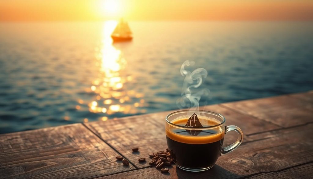 A serene, dreamlike scene of a ship sailing on a tranquil sea, with a warm, golden glow from the setting sun casting a soft, reflective light across the water. The ship's gentle sway and the subtle ripples in the water convey a sense of movement and journey. In the foreground, a steaming cup of coffee sits on a weathered wooden table, its curling tendrils of steam adding to the contemplative atmosphere. Nebahat Özge Tan's vision of the ship in the coffee grounds symbolizes new adventures and opportunities on the horizon, hinting at the transformative possibilities that lie ahead. The overall composition evokes a sense of introspection, wanderlust, and the promise of a fresh start.
