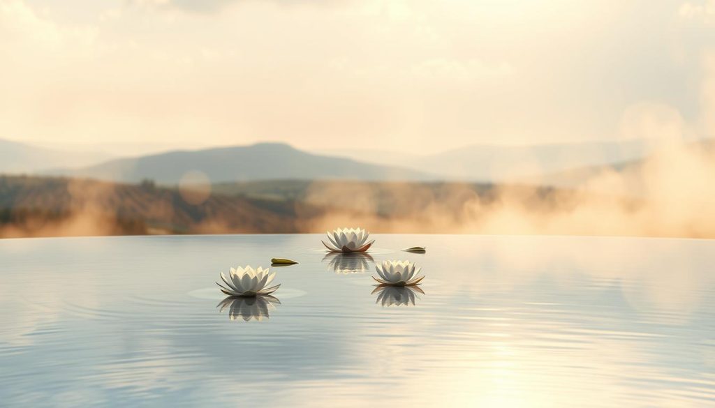 A serene, ethereal depiction of "Kupalar su elementi", the suit representing the emotional and intuitive aspects of the Minor Arcana Tarot cards. In the foreground, a tranquil pool of shimmering water, its surface like a mirror reflecting the sky above. Wisps of mist drift across the scene, creating a sense of mystery and introspection. In the middle ground, graceful water lilies float atop the water, their delicate petals suggesting the delicate balance of emotions. The background features a softly-lit, dreamlike landscape, with rolling hills and a distant horizon. Warm, diffused lighting bathes the entire scene, evoking a calming, reflective atmosphere. Nebahat Özge Tan