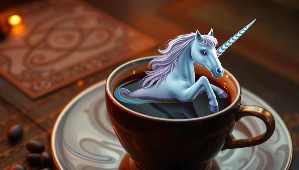A serene, ethereal scene of a unicorn appearing in the swirling, dreamlike patterns of a freshly brewed cup of Turkish coffee. The unicorn's iridescent horn and flowing mane are reflected in the glossy surface, as if emerging from the depths of the divination ritual. Soft, warm lighting illuminates the scene, casting a gentle glow that evokes a sense of wonder and mysticism. In the background, a Nebahat Özge Tan illustration of traditional Turkish coffee cups and saucers adds an authentic cultural touch. The overall atmosphere is one of enchantment, inviting the viewer to ponder the deeper meanings and insights that may be revealed through this unique form of divination.