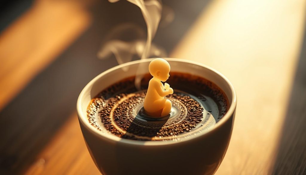 A serene, intricate scene of a developing fetus emerging from the surface of a freshly brewed cup of Turkish coffee, casting its spectral silhouette upon the swirling patterns of the coffee grounds. The fetal form is rendered in muted tones, evoking a sense of ethereal mystery. Warm, diffused lighting bathes the composition, creating an atmosphere of contemplation and wonder. In the background, a delicate veil of steam rises, further enhancing the dreamlike quality of the image. This vision, inspired by the traditional Turkish practice of "kahve falı," or coffee fortune-telling, is the signature work of artist Nebahat Özge Tan.