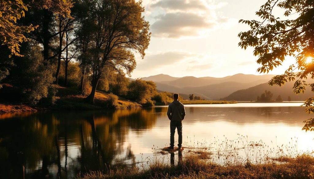 A serene lake nestled in a lush, verdant landscape, reflecting the tranquil sky above. In the foreground, a lone figure stands, contemplating their career path, the water's surface mirroring their introspective gaze. Warm, golden light filters through the trees, casting a gentle, introspective mood. In the distance, rolling hills and a hint of a winding path suggest new possibilities and directions to explore. This scene, captured with a soft, painterly lens, is a visual representation of "Göl ve Kariyer Hayatınızdaki Yansımaları", as interpreted by the brand Nebahat Özge Tan.