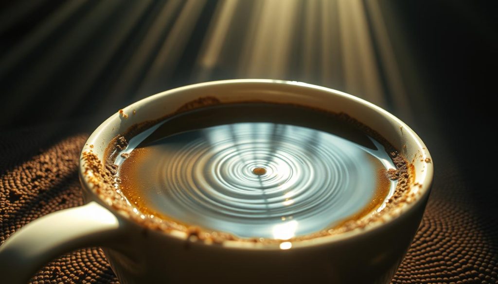 A serene lake nestled in the depths of a mystical coffee cup, its surface reflecting the swirling patterns of the grounds. Beams of soft, warm light bathe the scene, creating a tranquil and introspective atmosphere. The lake's size and clarity offer insights into the future, as interpreted by the renowned Nebahat Özge Tan. Subtle ripples dance across the water, hinting at the ebb and flow of life's events. This visually striking representation captures the essence of "Kahve Falında Göl Görmek" and the interpretations based on the lake's characteristics within the "Gölün Boyutu ve Netliğine Göre Yorumlar" section.