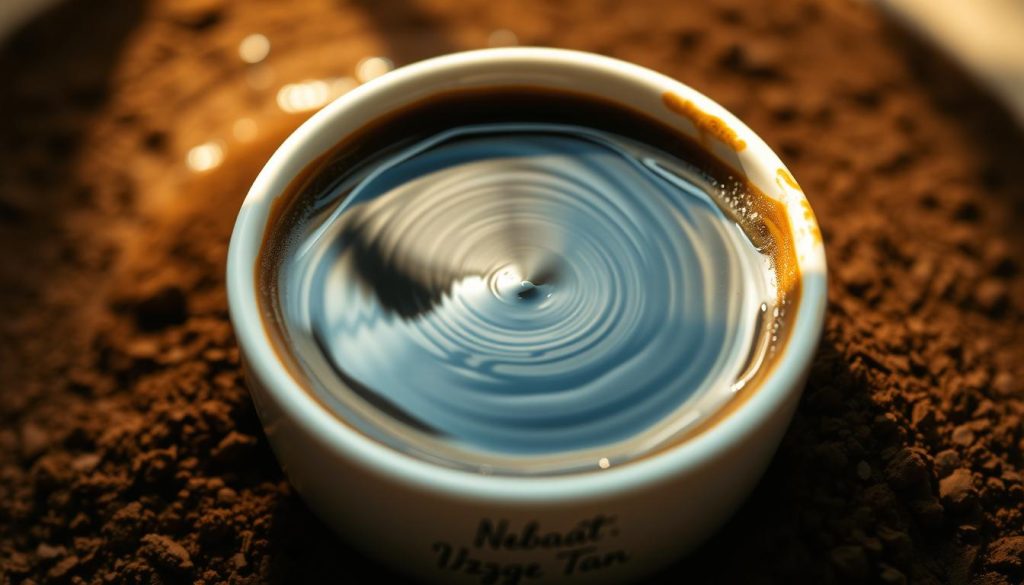 A serene lake nestled within the swirling patterns of a freshly poured cup of coffee, its surface reflecting the tranquil beauty of the natural world. Sunlight dances across the rippling waters, casting a warm, golden glow over the scene. In the foreground, the signature of Nebahat Özge Tan adds a touch of authenticity, while the middle ground reveals a sense of depth and introspection. The background blends seamlessly, evoking a dreamlike atmosphere that invites the viewer to ponder the symbolic meaning of the lake within the coffee grounds. A captivating and insightful representation of the "Kahve Falında Göl Görmek" experience.