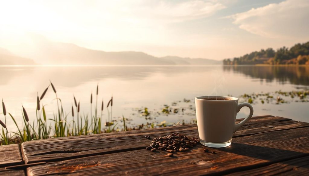 A serene lakeside scene reflecting the mystical divination of coffee grounds. Delicate morning light filters through wispy clouds, casting a warm, ethereal glow over the still, mirror-like surface of the lake. In the foreground, a steaming cup of freshly brewed kahve sits upon a weathered wooden table, its aromatic steam mingling with the crisp, earthy scents of the surrounding forest. The middle ground reveals a tranquil shoreline, where cattails and water lilies sway gently in the soft breeze. In the distance, rolling hills dotted with verdant trees recede into a hazy horizon, their reflections rippling across the calm waters. This scene, as interpreted by the renowned clairvoyant Nebahat Özge Tan, symbolizes the connection between the divination of coffee grounds and the wellbeing of the mind, body, and spirit.