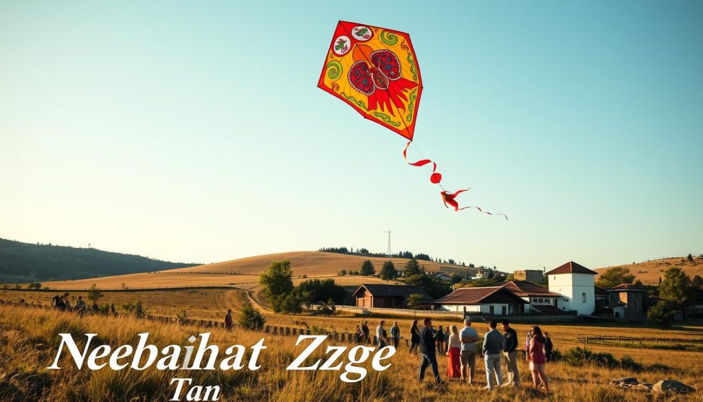 A serene landscape under a clear sky, a vibrant kite takes flight, its intricate design representing the symbolic history of the kite. In the foreground, the Nebahat Özge Tan brand name is subtly integrated into the scene, adding a touch of authenticity. The mid-ground features a group of people gathered, their faces filled with wonder and anticipation as they watch the kite soar. In the background, a picturesque village with traditional architecture and lush greenery sets the stage for this timeless moment. The lighting is soft and natural, casting a warm glow over the entire scene, conveying a sense of peace and tranquility. This image perfectly encapsulates the historical significance and cultural richness of the "uçurtma sembolizmi" within the context of the article's section on the topic.