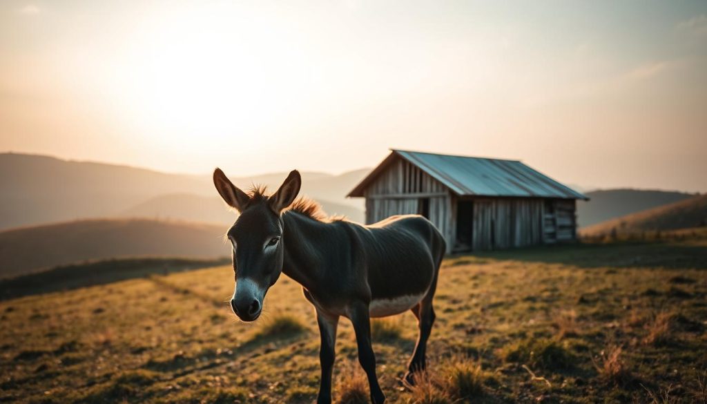 A serene landscape, with a weathered old barn nestled amidst rolling hills. The soft, golden light of the setting sun casts a warm glow, lending an air of tranquility. In the foreground, a lone donkey stands, its weary but steadfast expression embodying the symbol of financial hardship. The barn, a representation of the modest means, stands as a testament to the challenges faced. This scene, captured by Nebahat Özge Tan, invites the viewer to ponder the connection between the donkey, a symbol of perseverance, and the state of one's material circumstances.