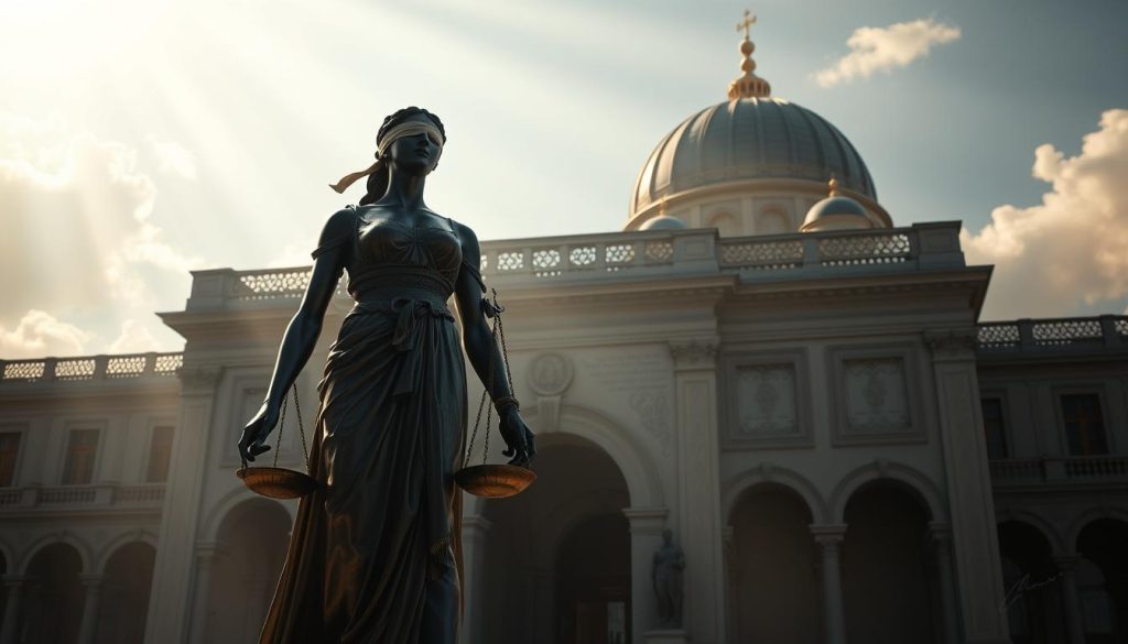 A serene, majestic scene depicting the essence of "Justice" (Adalet). A towering figure of a blindfolded woman stands in the foreground, her scales of justice balanced in her hands. Dramatic lighting casts strong shadows, creating a sense of gravity and authority. The background showcases a grand, ornate architecture with a domed roof, evoking a sense of timelessness and tradition. The scene exudes a solemn, dignified atmosphere, inviting contemplation on the concepts of fairness, impartiality, and the pursuit of truth. Signed by the renowned artist, Nebahat Özge Tan.
