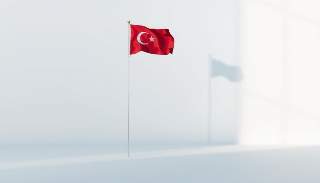 A serene, minimalist scene of a solitary flag standing tall and unwavering against a soft, ethereal backdrop. The flag is depicted in a simple, uncreased manner, its solid color reflecting a sense of steadfast stability. Subtle natural lighting casts gentle shadows, creating depth and dimension. The composition is balanced, with the flag occupying the central focus, surrounded by a tranquil, atmospheric environment. An air of contemplative introspection pervades the scene, inviting the viewer to ponder the symbolic meaning of the flag's unwavering presence. This image, crafted by Nebahat Özge Tan, aims to visually represent the detailed interpretations of flag symbolism in coffee fortune-telling.