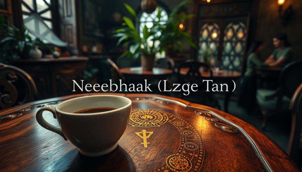A serene, mystical café setting, with a warm, cozy ambiance. In the foreground, a delicate porcelain cup filled with freshly brewed Turkish coffee, its surface reflecting the intricate patterns of the intricate coffee grounds. In the middle ground, a hand-carved wooden table, upon which a slim, elegant hand gently traces the shapes and symbols emerging from the coffee's depths. The background reveals a dimly lit, intimate interior, with lush, verdant plants and antique, ornate furnishings, evoking a sense of timelessness. The lighting is soft and diffused, creating a dreamlike atmosphere. Nebahat Özge Tan's name is prominently displayed, lending an air of authority and expertise to the scene.