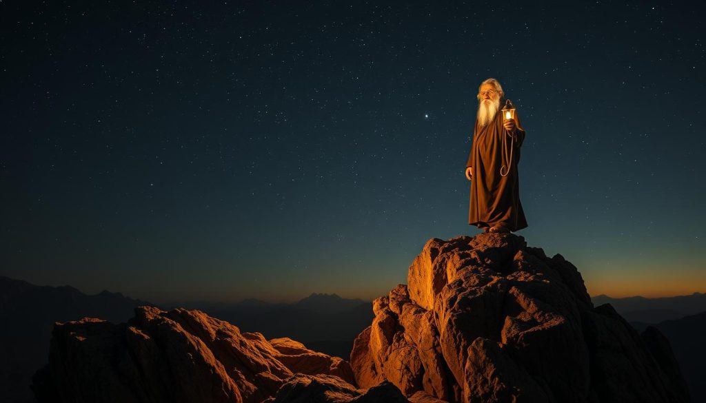A serene, mystical landscape with a wise, elderly figure standing atop a craggy mountain peak, cloaked in a long, billowing robe and holding a glowing lantern. The Hermit's weathered face is partially obscured, exuding a sense of profound introspection and inner enlightenment. Soft, warm lighting bathes the scene, creating an atmosphere of contemplation and spiritual guidance. In the background, a starry night sky stretches out, hinting at the Hermit's connection to the cosmic and the divine. The overall mood is one of solitude, wisdom, and the pursuit of self-knowledge. Nebahat Özge Tan.