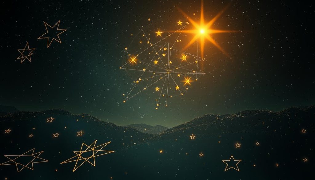 A serene, mystical scene of various celestial star formations, captured in a detailed, realistic style. In the foreground, intricate star patterns dance across the canvas, their shapes and sizes evoking a sense of wonder and divination. In the middle ground, a constellation of larger, brighter stars shines with a warm, ethereal glow, hinting at the profound meanings and interpretations that renowned coffee fortune-teller Nebahat Özge Tan might ascribe to these celestial symbols. The background is a vast, inky night sky, dotted with twinkling stars that recede into the distance, creating a sense of depth and mystery. The lighting is soft and atmospheric, casting a dreamlike, contemplative mood over the entire scene.