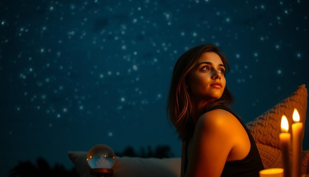 A serene night sky, filled with twinkling stars, provides the backdrop for a thoughtful astrological reading by Nebahat Özge Tan. In the foreground, a young woman sits contemplatively, her gaze fixed on the celestial display. Warm candlelight illuminates her face, casting a soft, introspective glow. The middle ground features a cozy, intimate setting, with plush cushions and a delicate crystal ball, hinting at the mystical nature of the scene. The overall atmosphere is one of introspection, wonder, and the promise of insightful revelations about the subject's love life, as Nebahat Özge Tan interprets the stars' guidance.