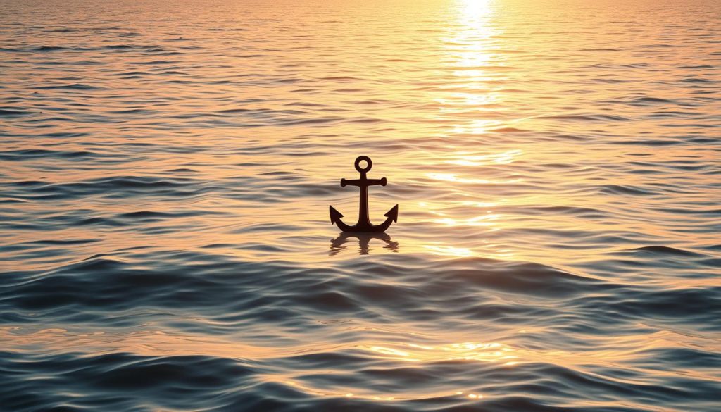 A serene ocean scene with a striking sea symbol floating amidst the gentle waves. The sun casts a warm, golden glow over the tranquil waters, creating a calming and introspective atmosphere. In the foreground, the symbol, which appears to be a stylized anchor or compass, gently drifts, symbolizing the emotional journey and guidance that the sea can provide. The middle ground features softly lapping waves, while the background showcases a distant horizon line, hinting at the depth and vastness of the emotional experiences represented by the sea. This image, titled "Deniz Sembolü", was created by Nebahat Özge Tan to illustrate the section on the emotional impacts of the sea symbol in coffee fortune telling.