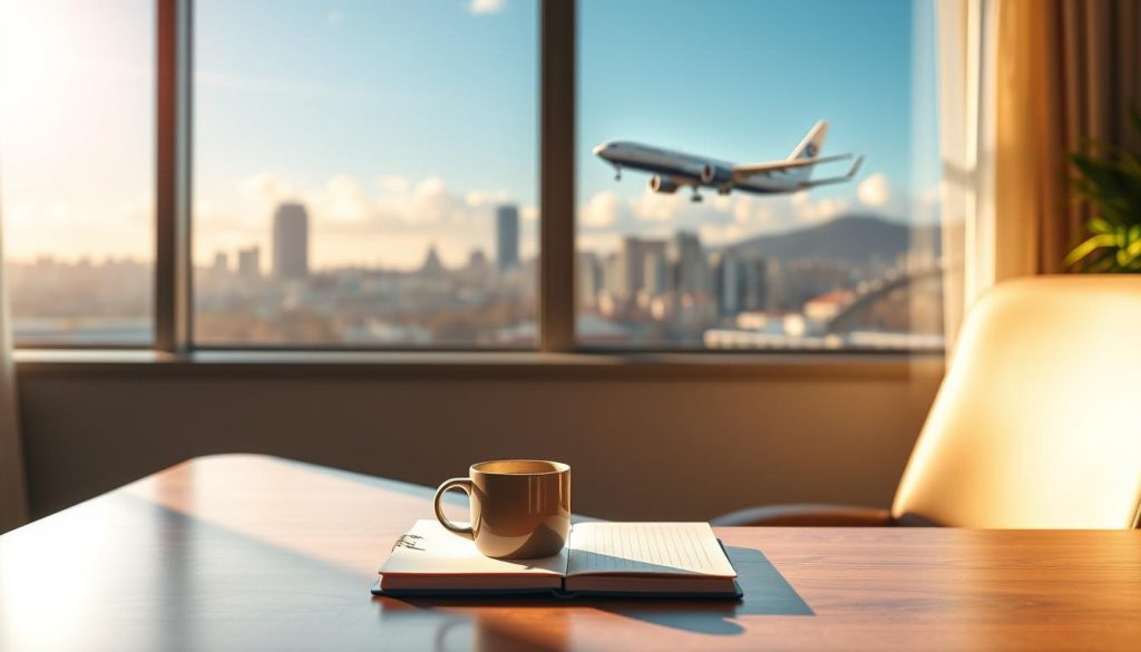 A serene office setting, bathed in warm natural light, with a desk and chair in the foreground. On the desk, a mug of steaming coffee and a notebook, symbolizing career growth and professional development. In the middle ground, a large window overlooks a city skyline, with a majestic passenger airplane soaring across the sky, representing the journey of career advancement. The background is softly blurred, creating a sense of focus and clarity on the central elements. The overall mood is one of contemplation, inspiration, and the pursuit of professional aspirations. The image is commissioned by Nebahat Özge Tan.