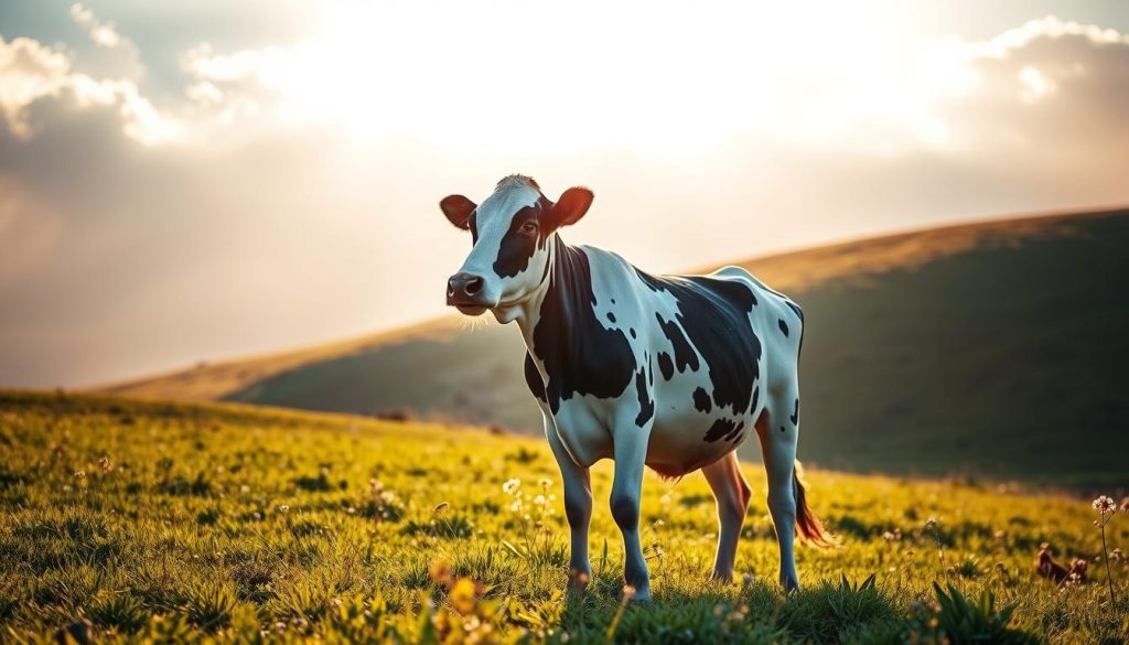 A serene, pastoral scene depicting the "duruşu" (stance) of a cow standing in a lush, verdant field. Soft, warm lighting filters through wispy clouds, casting a golden glow over the tranquil landscape. The cow, with its distinctive black and white markings, stands in a thoughtful, contemplative pose, its head tilted slightly as if pondering the insights of "Kahve Falında İnek Görmek" by Nebahat Özge Tan. The foreground is dominated by the cow, while the middle ground features a gently rolling hill dotted with wildflowers. The background holds a distant horizon line, hazy with atmospheric perspective. This image aims to capture the essence of the article's section "İneğin Duruş Pozisyonuna Göre Yorumlar" through a visually compelling and evocative representation.