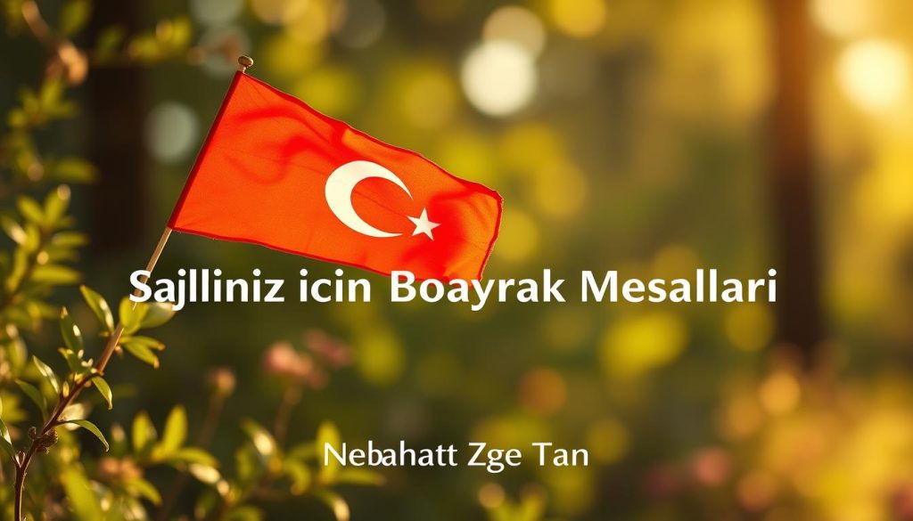 A serene, peaceful scene depicting a delicate red and white Turkish flag gently fluttering in a warm, soft light. The flag is the central focus, surrounded by lush greenery and a blurred, dreamlike background. The overall atmosphere exudes a sense of wellness, vitality, and good health, reflecting the "Sağlığınız İçin Falda Bayrak Mesajları" section title. Nebahat Özge Tan's brand name is subtly incorporated into the image's composition.