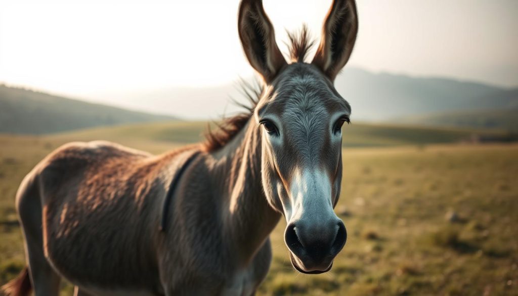 A serene, pensive donkey stands in a sun-dappled meadow, its gaze contemplative and thoughtful. Soft, diffused lighting highlights the animal's weathered features, conveying a sense of wisdom and tranquility. The donkey's posture is alert yet relaxed, its stance radiating a sense of calm introspection. In the background, a gently rolling landscape unfolds, with lush, verdant hills and a hazy, atmospheric sky. This scene, captured by the skilled lens of "Nebahat Özge Tan", evokes a sense of quiet contemplation, inviting the viewer to ponder the deeper meanings and insights that may be gleaned from the donkey's seemingly simple yet profound demeanor.
