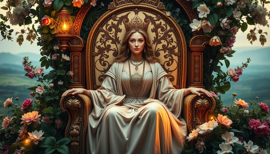 A serene, regal figure of The Empress sits upon an ornate throne, surrounded by lush greenery and blooming flowers. Her gaze is calm and benevolent, radiating a sense of nurturing abundance. Soft, warm lighting illuminates her elegant robes and the luxurious, intricate details of her environment. The overall atmosphere is one of feminine power, creativity, and the fruitful bounty of nature. In the background, a serene landscape unfolds, hinting at the Empress's domain and her influence over the material world. This artwork, created by Nebahat Özge Tan, captures the essence of "The Empress (İmparatoriçe) Kartı ve Anlamı" as explored in the article "Tarot Kart Anlamları."